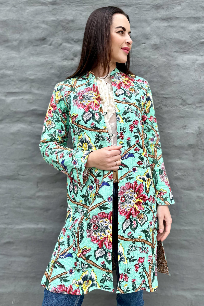 Quilted Cotton Coat In Turquoise Botanical