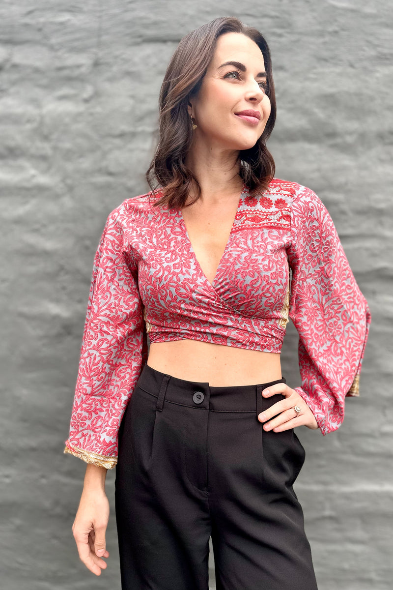 Upcycled Silk Sari Wrap Blouse In Ruby Vine