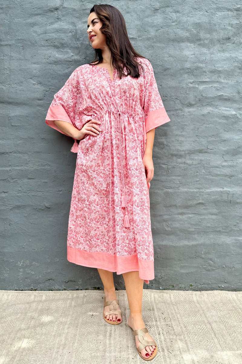 Cotton Kaftan In Blush Botanical