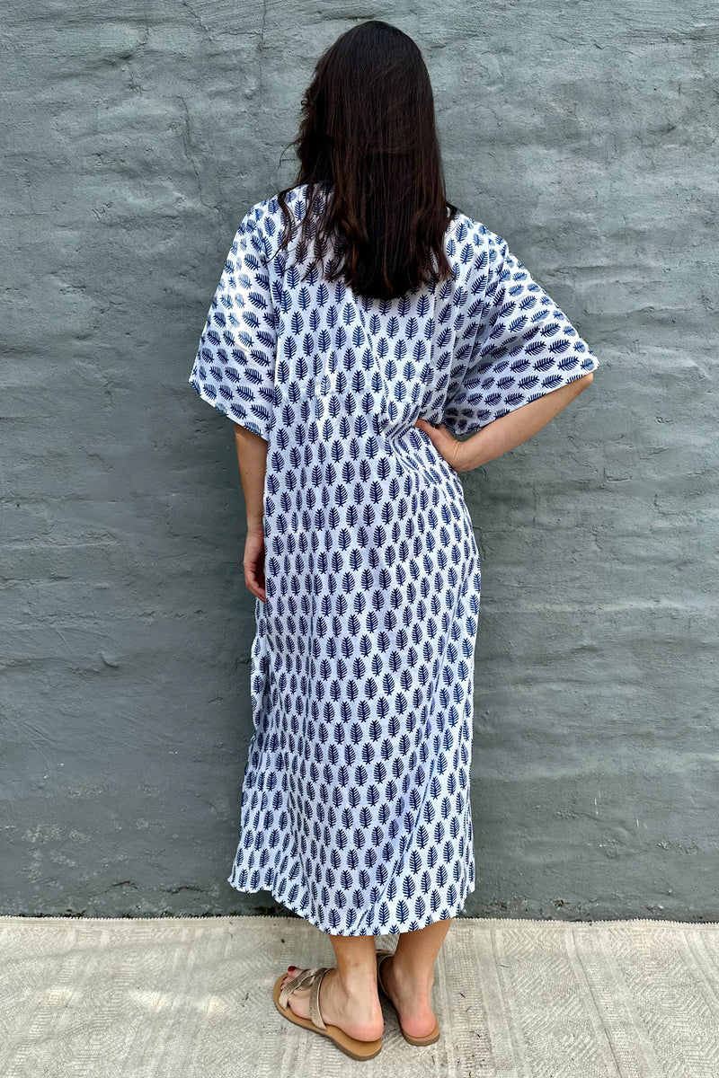 Cotton Kaftan In Blue Fern