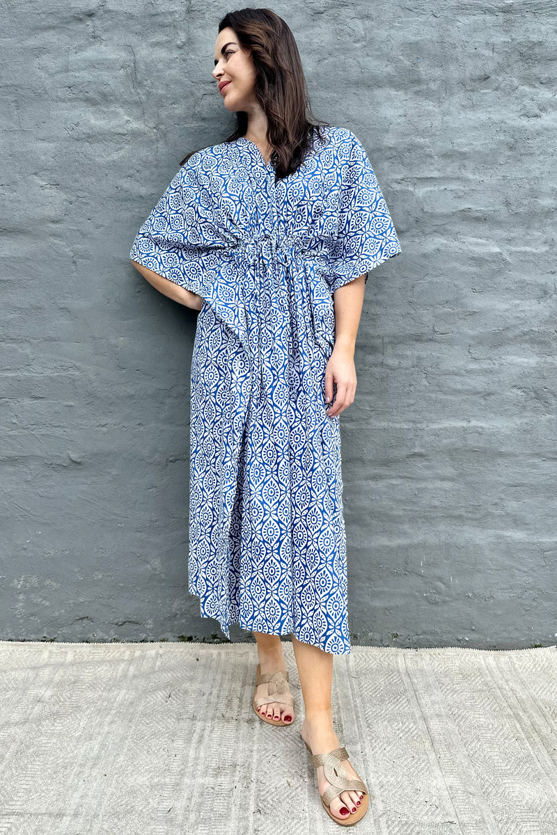 Cotton Kaftan In Blue Geometric