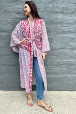 Upcycled Silk Sari Kimono In Cerise Blossoms