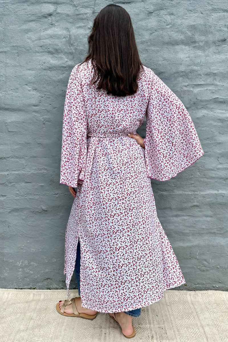 Upcycled Silk Sari Kimono In Cerise Blossoms