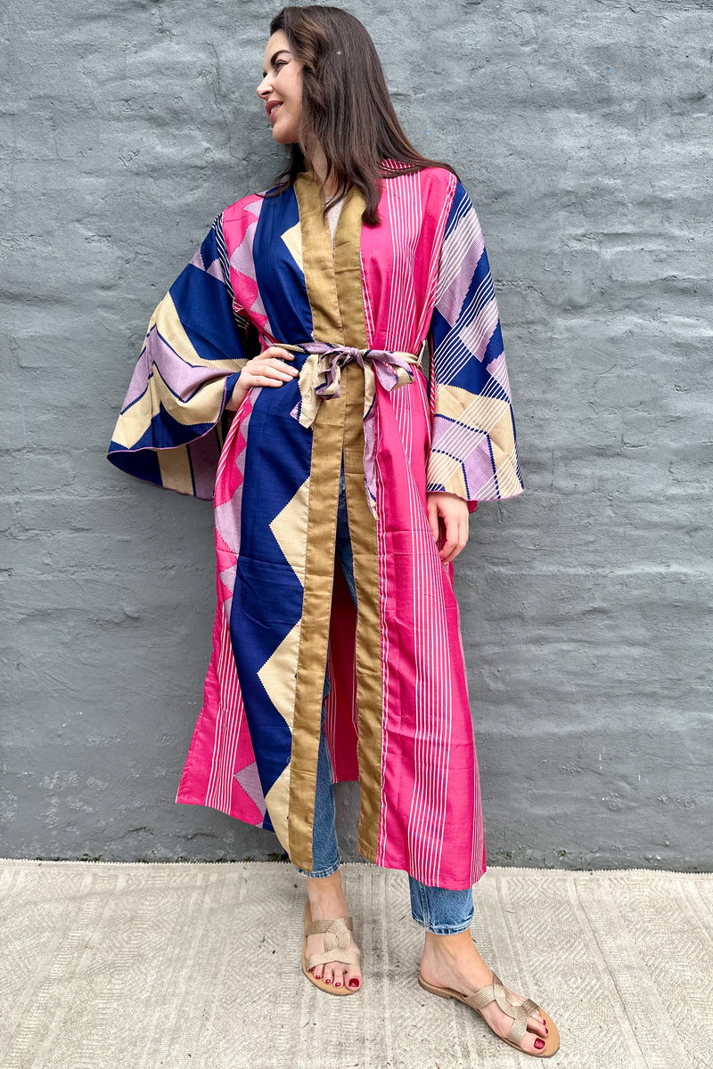 Upcycled Silk Sari Kimono In Modern Geometric