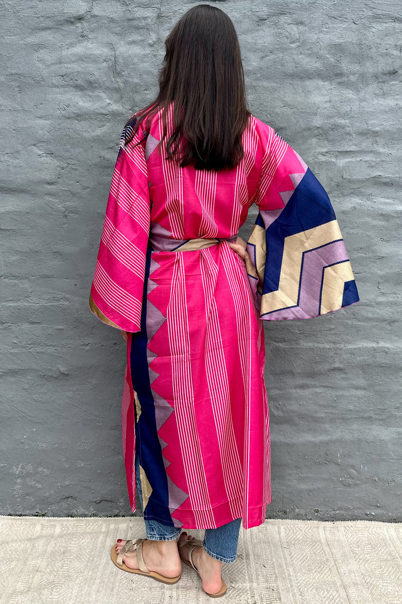 Upcycled Silk Sari Kimono In Modern Geometric