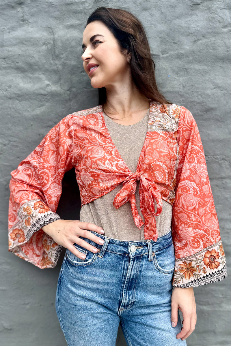 Upcycled Silk Sari Wrap Blouse In Orange Botanical