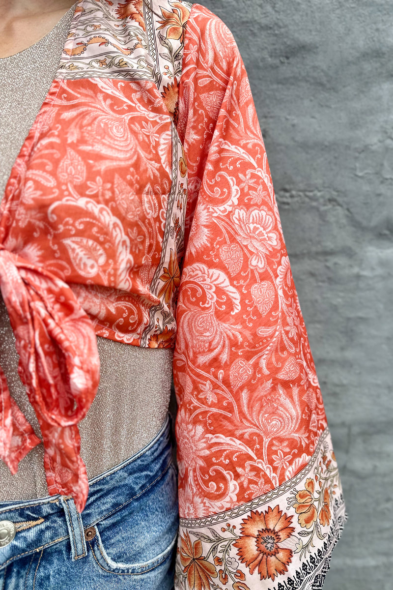 Upcycled Silk Sari Wrap Blouse In Orange Botanical