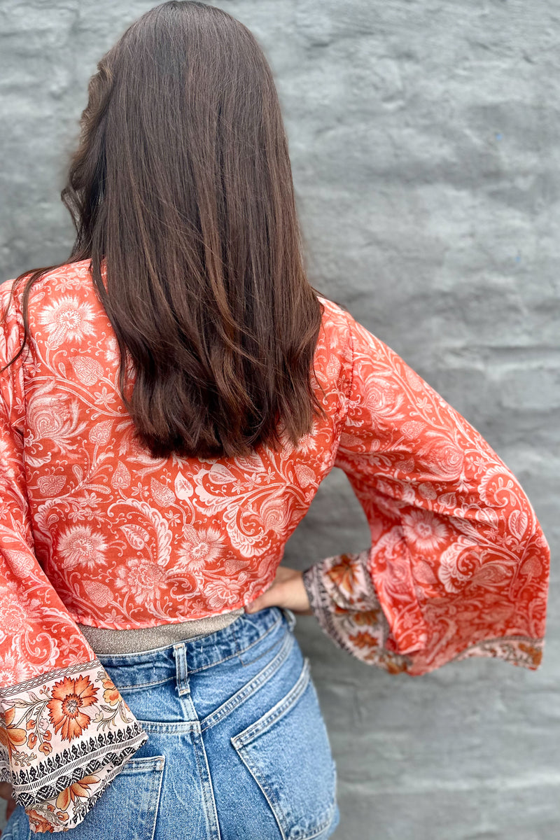 Upcycled Silk Sari Wrap Blouse In Orange Botanical