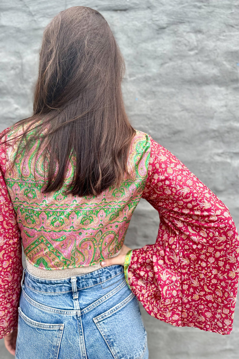 Upcycled Silk Sari Wrap Blouse In Paisley Wine