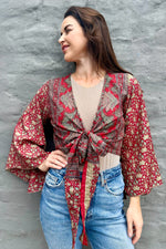 Upcycled Silk Sari Wrap Blouse In Burgundy Botanical