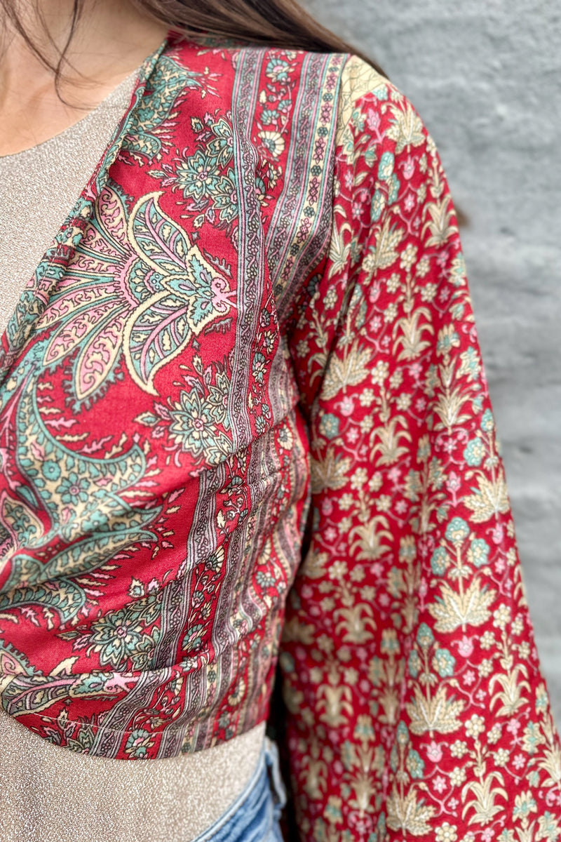 Upcycled Silk Sari Wrap Blouse In Burgundy Botanical