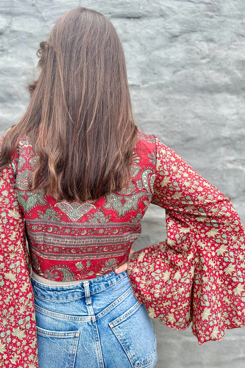 Upcycled Silk Sari Wrap Blouse In Burgundy Botanical