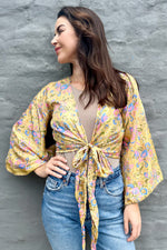 Upcycled Silk Sari Wrap Blouse In Lemon Floral