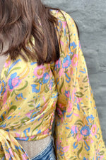 Upcycled Silk Sari Wrap Blouse In Lemon Floral