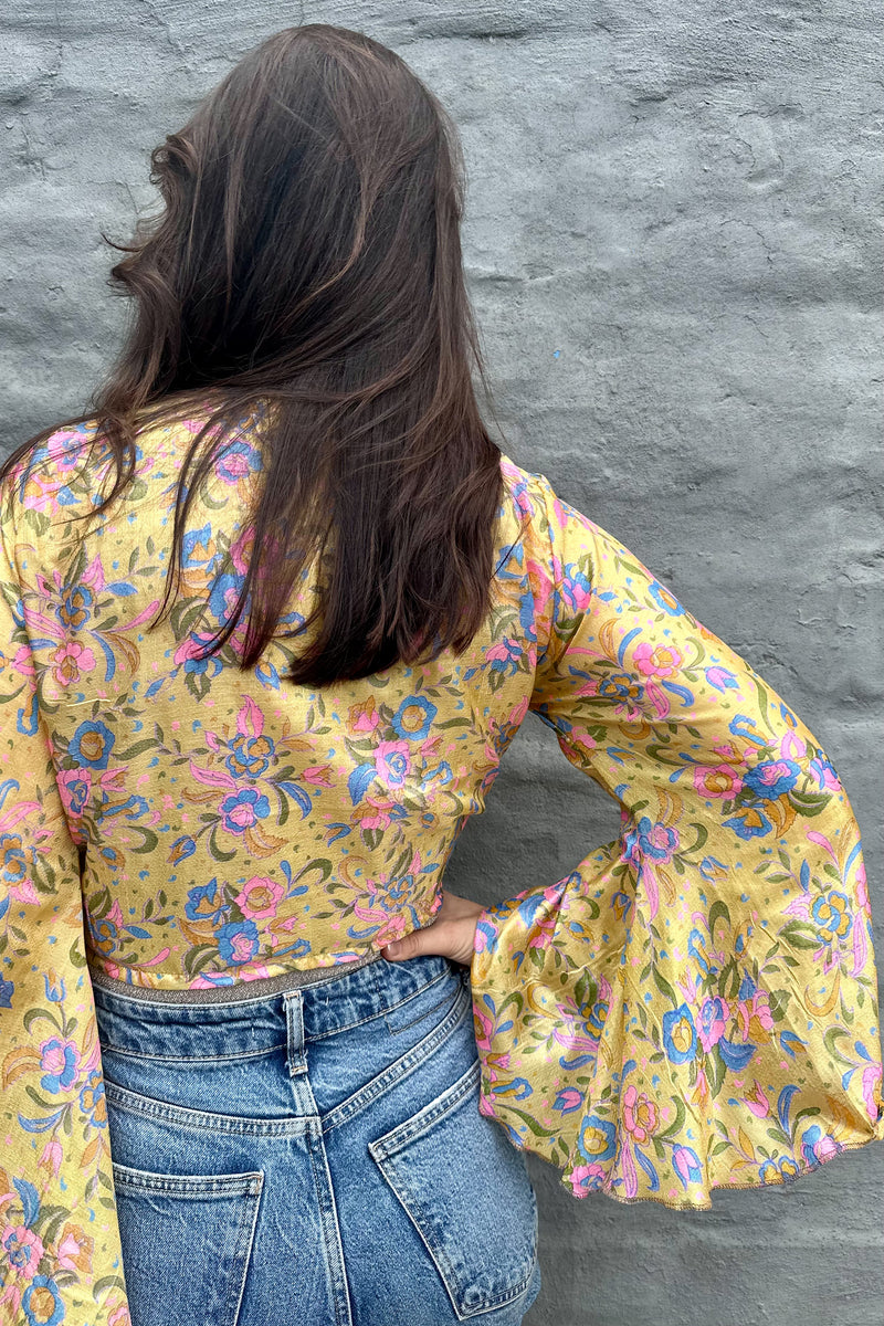 Upcycled Silk Sari Wrap Blouse In Lemon Floral