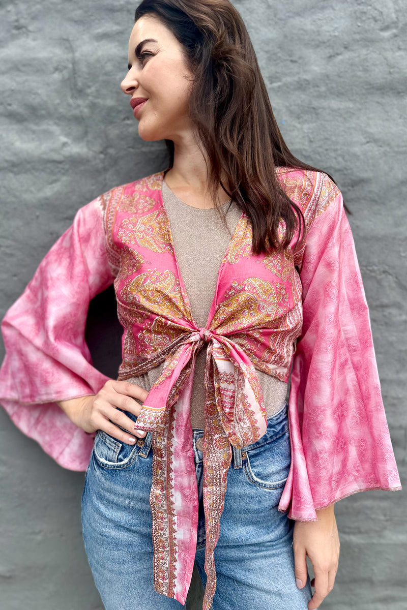 Upcycled Silk Sari Wrap Blouse In Candy Pink