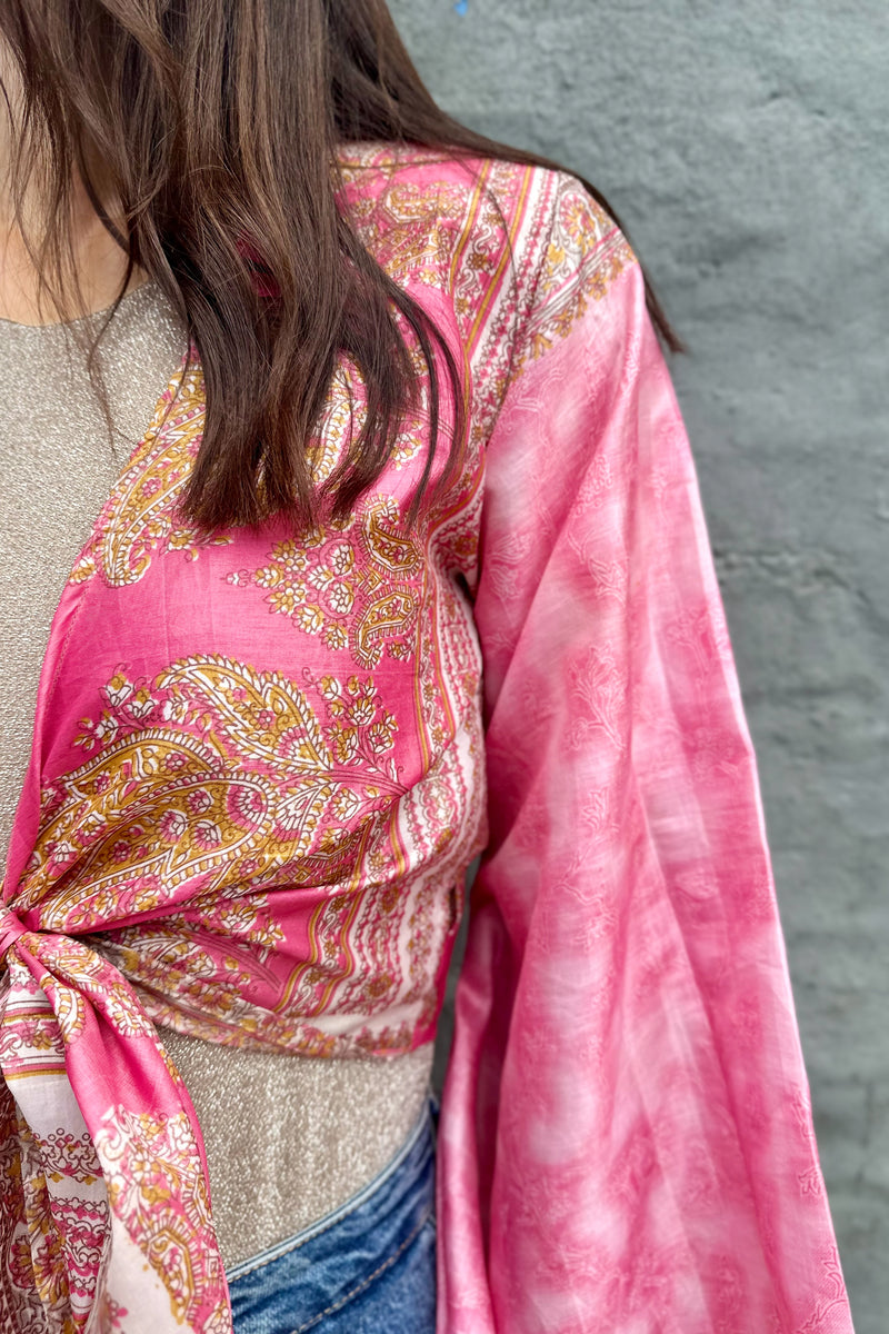 Upcycled Silk Sari Wrap Blouse In Candy Pink