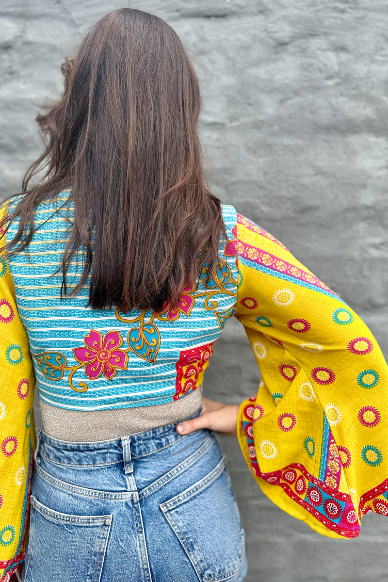 Upcycled Silk Sari Wrap Blouse In Groovy Gold