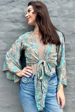 Upcycled Silk Sari Wrap Blouse In Vintage Turquoise