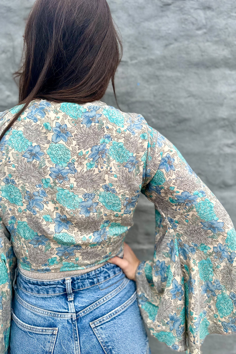 Upcycled Silk Sari Wrap Blouse In Vintage Turquoise