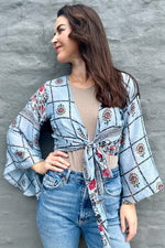 Upcycled Silk Sari Wrap Blouse In Sky Lattice