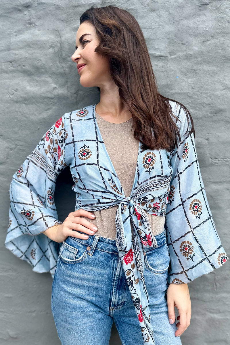 Upcycled Silk Sari Wrap Blouse In Sky Lattice