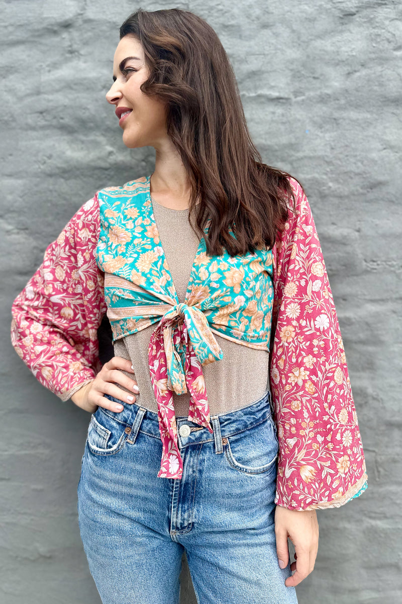 Upcycled Silk Sari Wrap Blouse In Boho Floral