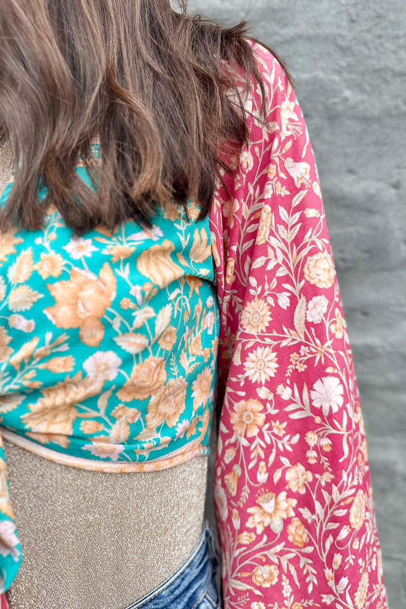 Upcycled Silk Sari Wrap Blouse In Boho Floral