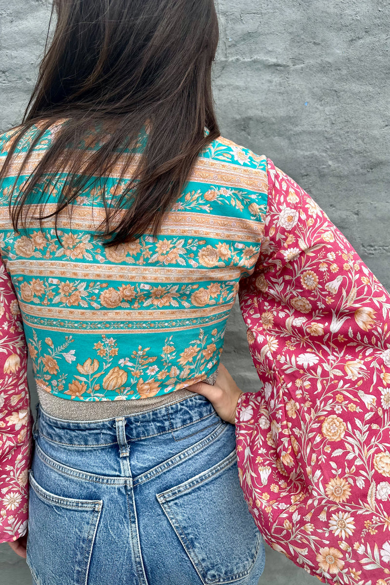 Upcycled Silk Sari Wrap Blouse In Boho Floral