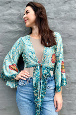 Upcycled Silk Sari Wrap Blouse In Ocean Mandala