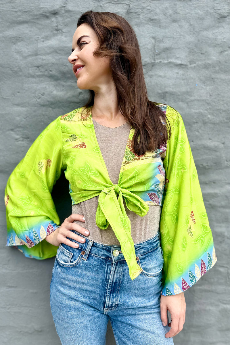 Upcycled Silk Sari Wrap Blouse In Lime Fusion