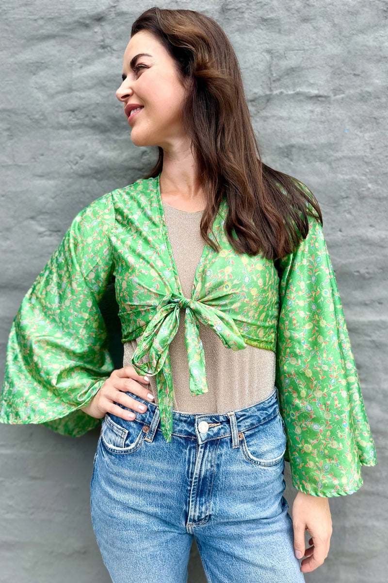 Upcycled Silk Sari Wrap Blouse In Green Floral