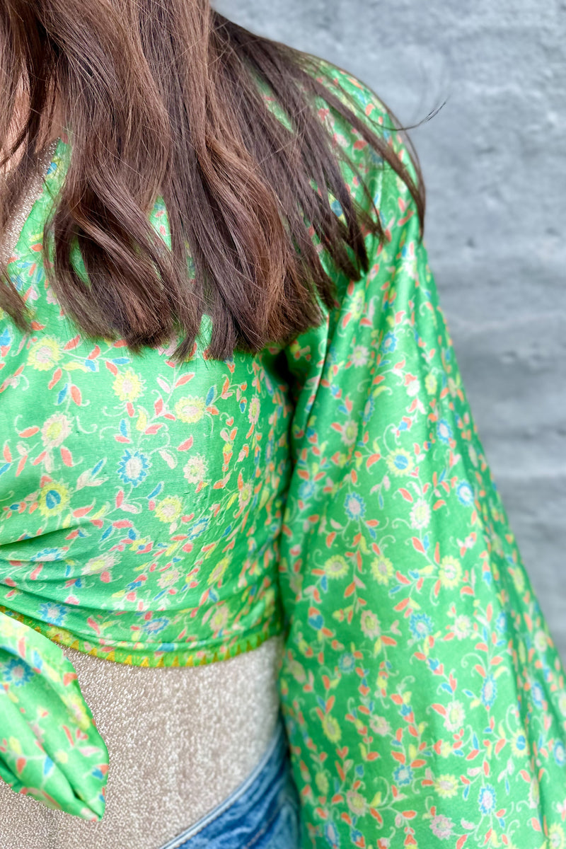 Upcycled Silk Sari Wrap Blouse In Green Floral