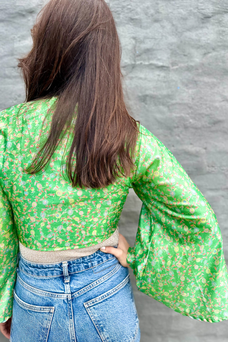 Upcycled Silk Sari Wrap Blouse In Green Floral