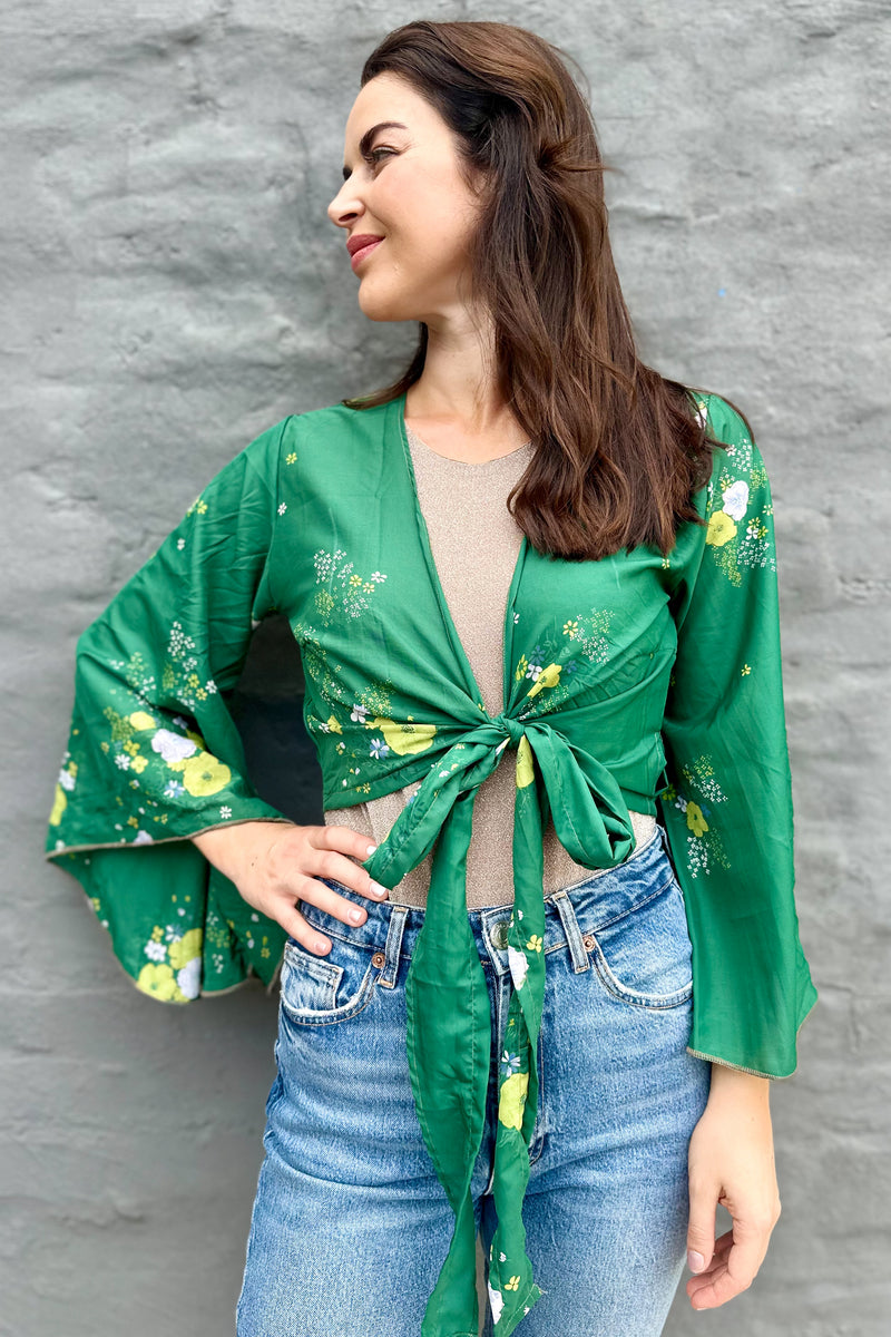 Upcycled Silk Sari Wrap Blouse In Emerald Garden