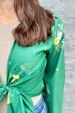 Upcycled Silk Sari Wrap Blouse In Emerald Garden