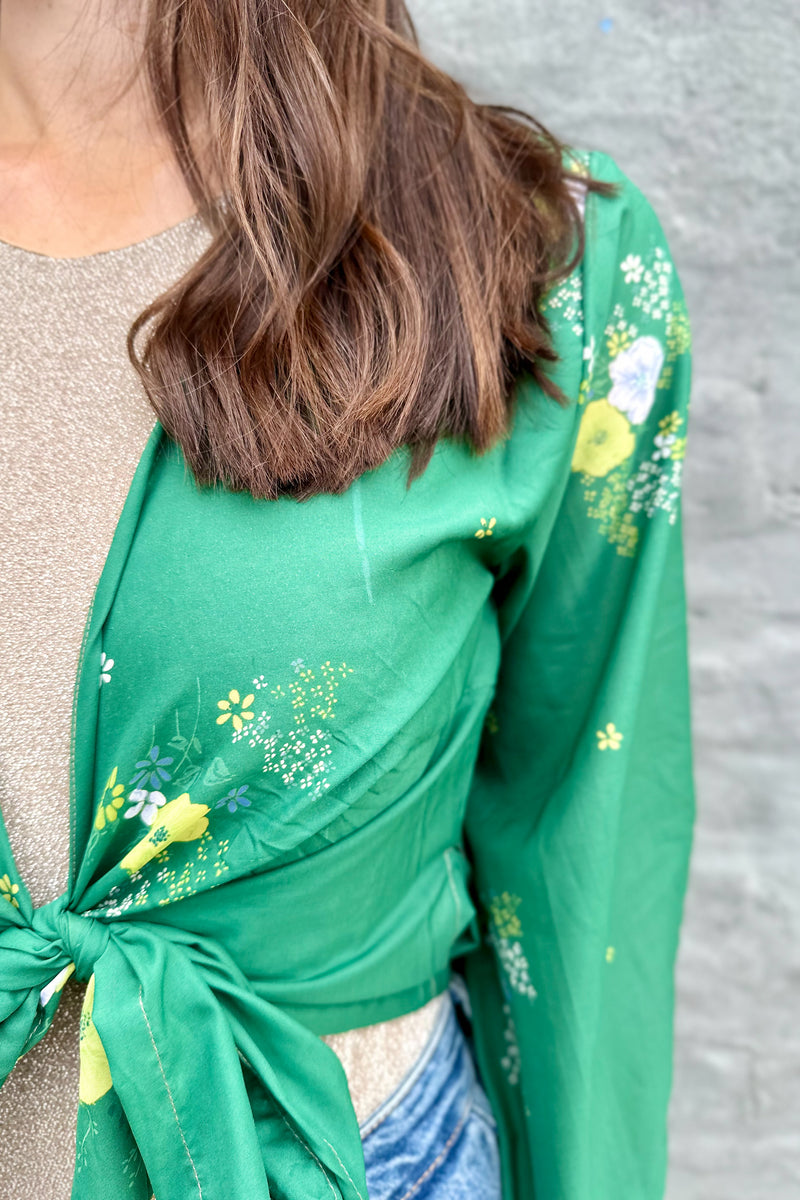 Upcycled Silk Sari Wrap Blouse In Emerald Garden