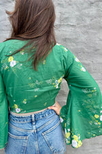 Upcycled Silk Sari Wrap Blouse In Emerald Garden