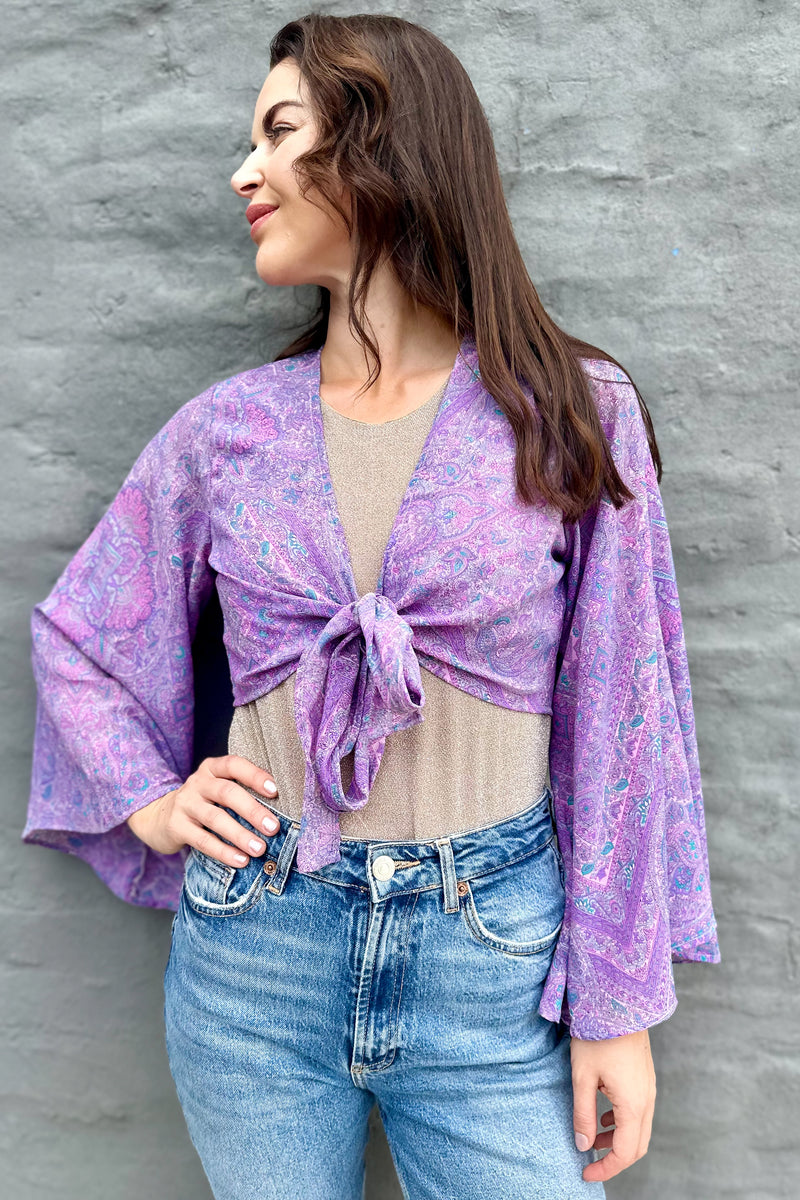 Upcycled Silk Sari Wrap Blouse In Lovely Lilac