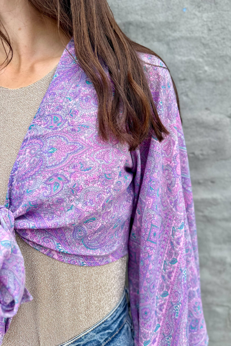 Upcycled Silk Sari Wrap Blouse In Lovely Lilac