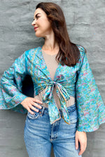 Upcycled Silk Sari Wrap Blouse In Blue Sky