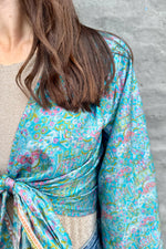 Upcycled Silk Sari Wrap Blouse In Blue Sky