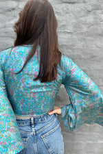 Upcycled Silk Sari Wrap Blouse In Blue Sky