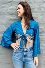 Upcycled Silk Sari Wrap Blouse In Teal Blooms