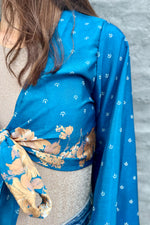 Upcycled Silk Sari Wrap Blouse In Teal Blooms