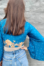 Upcycled Silk Sari Wrap Blouse In Teal Blooms