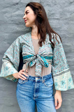 Upcycled Silk Sari Wrap Blouse In Turquoise Floral