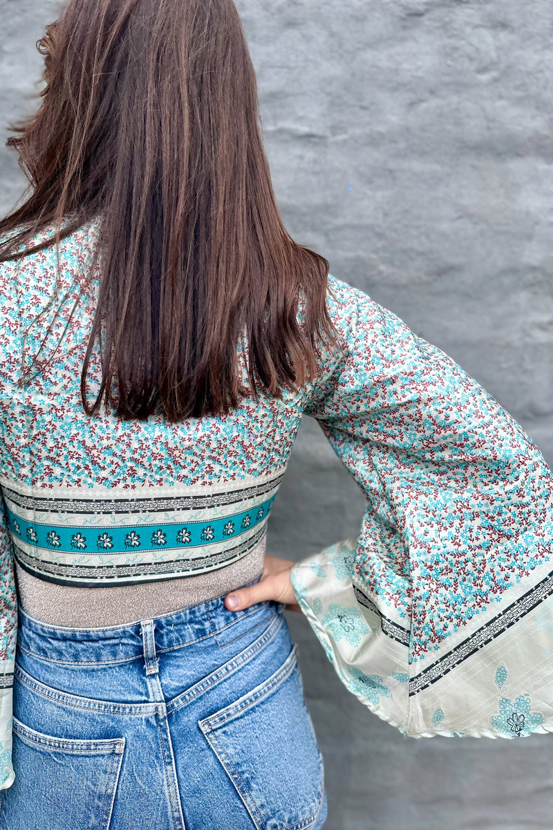 Upcycled Silk Sari Wrap Blouse In Turquoise Floral