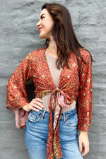 Upcycled Silk Sari Wrap Blouse In Rust Botanical