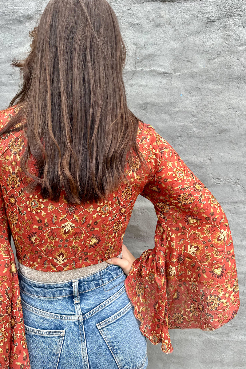 Upcycled Silk Sari Wrap Blouse In Rust Botanical